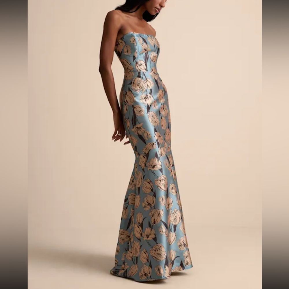 Gowning Around Slate Blue Floral Jacquard Strapless Maxi Dress - Picture 4 of 9